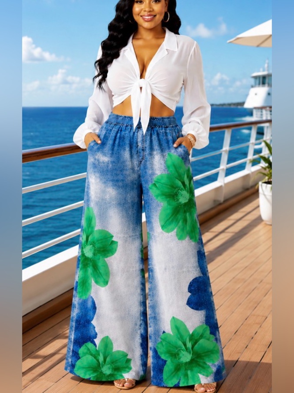 Wide-Leg Floral Print Pants in Blue and Green S